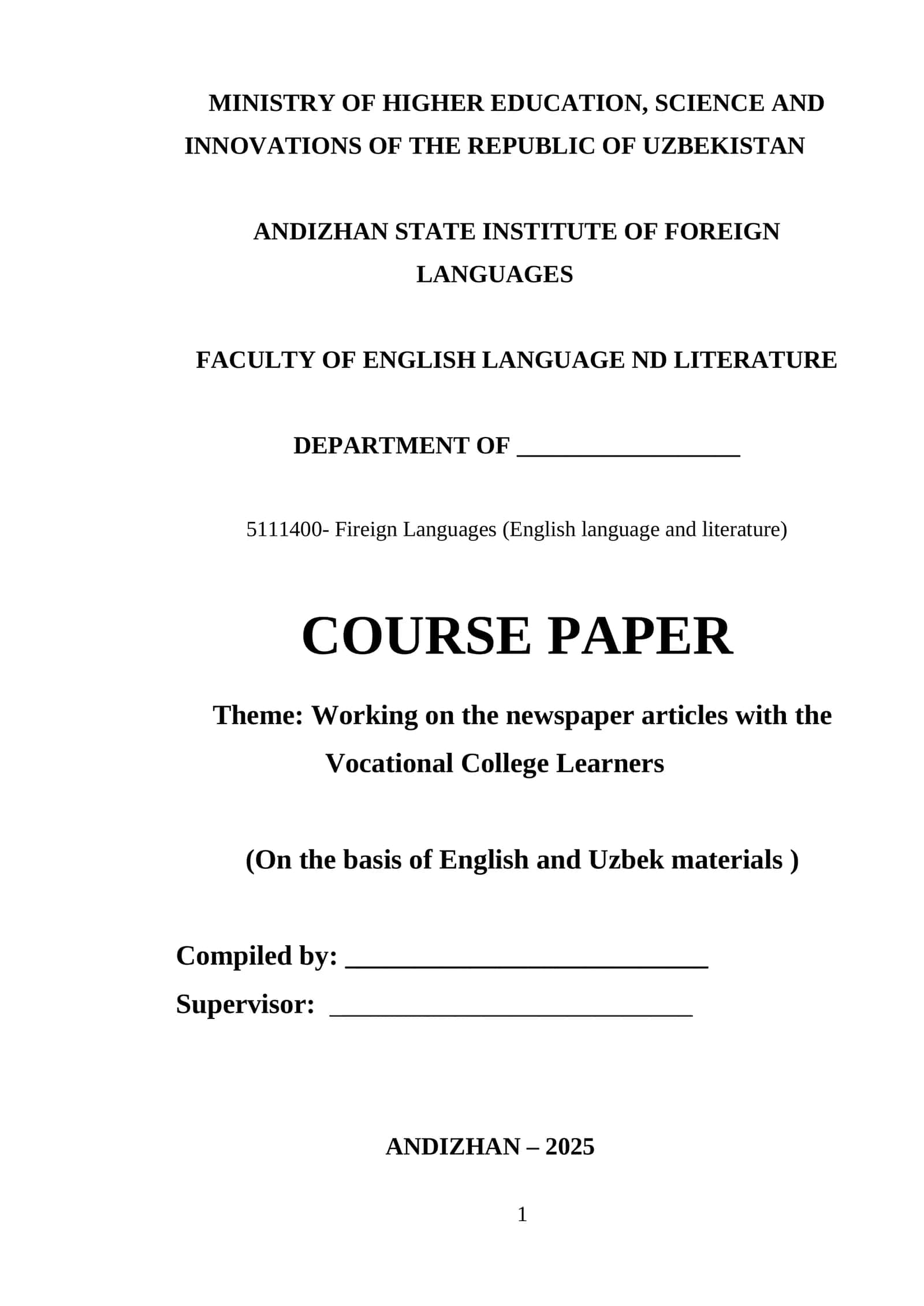 Course Paper: Working on the newspaper articles with the Vocational College Learners 1