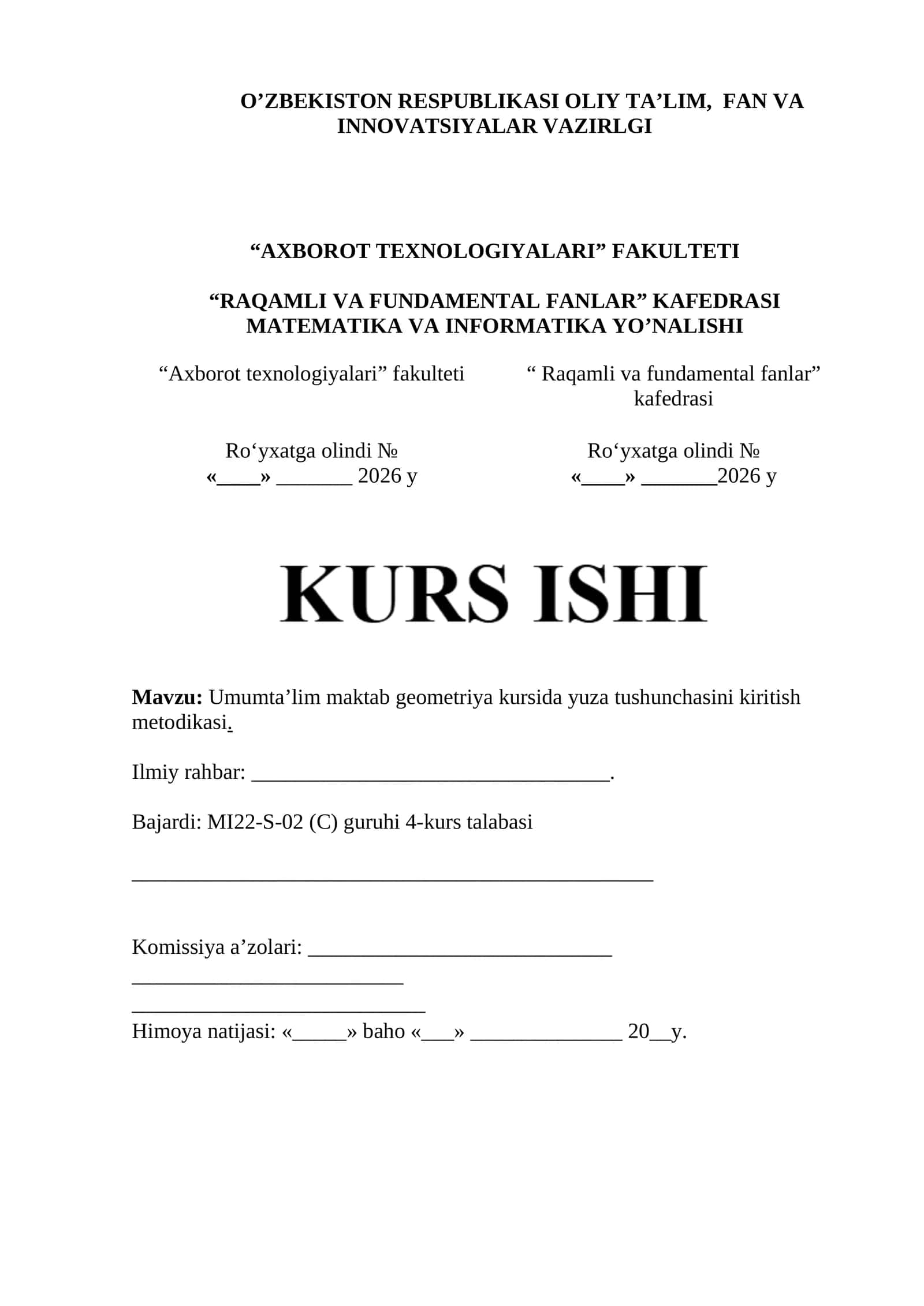 Umumtaʼlim maktab geometriya kursida yuza tushunchasini kiritish metodikasi 1