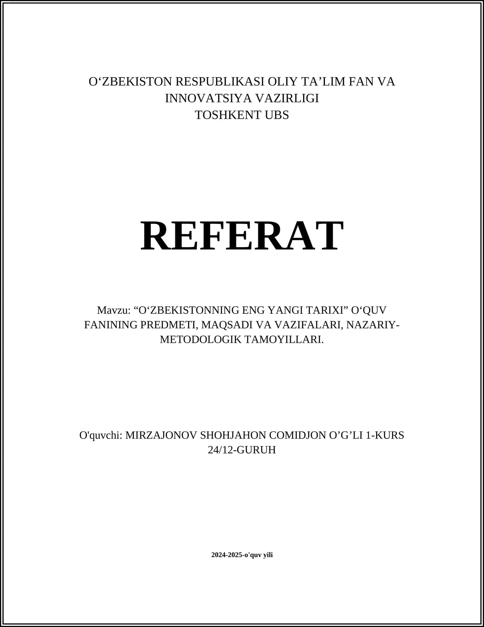 "O‘zbekistonning eng yangi tarixi" fani 1