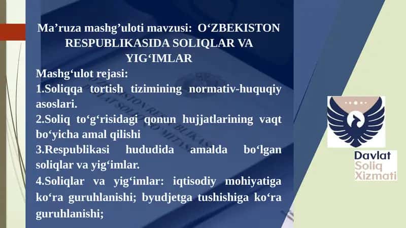 O‘ZBEKISTON RESPUBLIKASIDA SOLIQLAR VA YIGʻIMLAR 1
