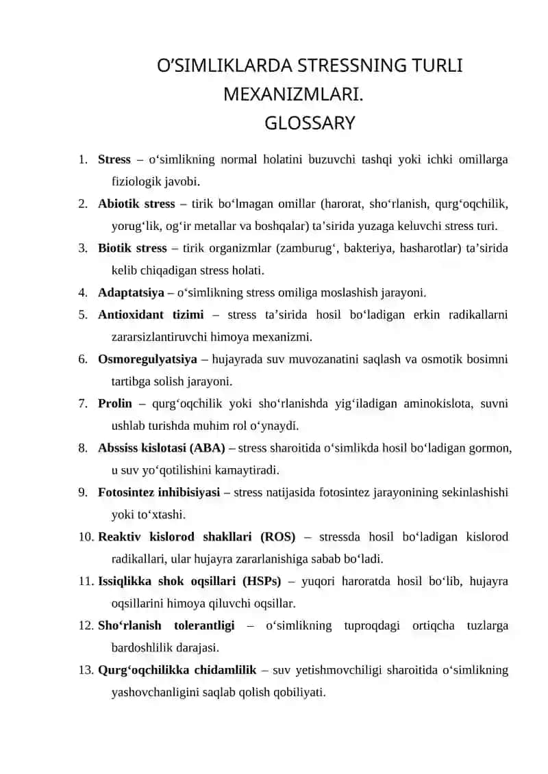 O’SIMLIKLARDA STRESSNING TURLI MEXANIZMLARI. GLOSSARY