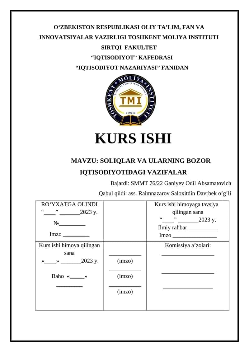 Soliqlar va Ularning Bozor Iqtisodiyotidagi Vazifalar 1