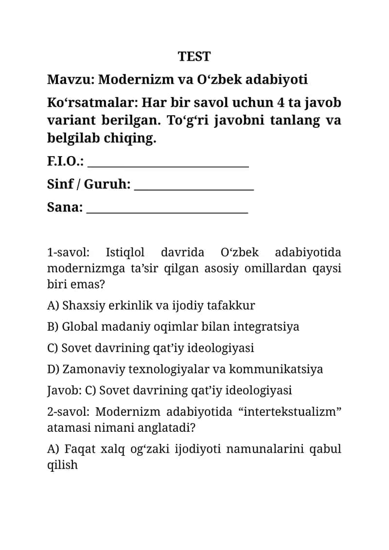 Modernizm va O‘zbek adabiyoti 1