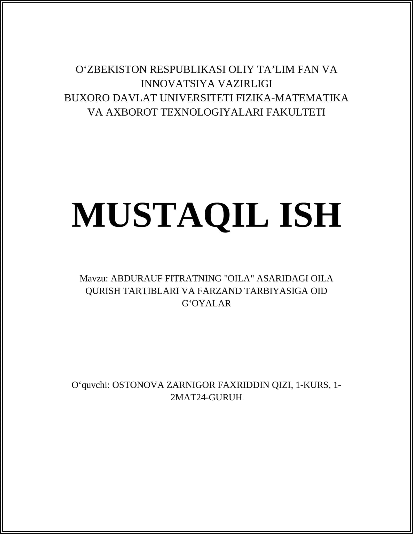 ABDURAUF FITRATNING "OILA" ASARIDAGI OILA QURISH TARTIBLARI VA FARZAND TARBIYASIGA OID GʻOYALAR 1