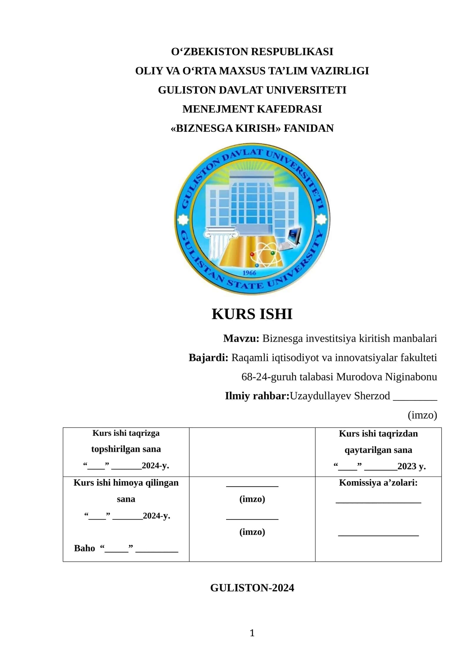 Biznesga investitsiya kiritish manbalari 1