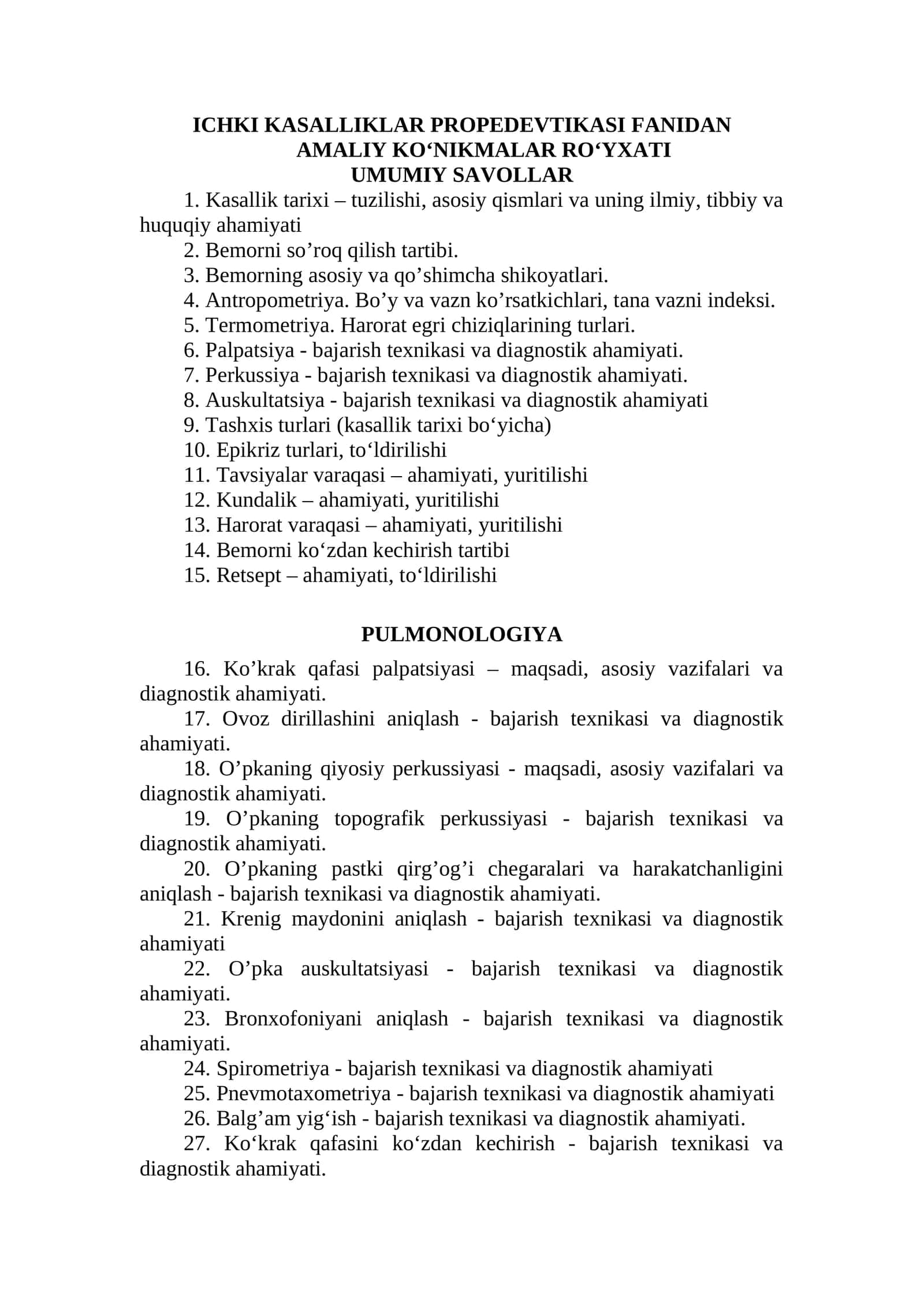 ICHKI KASALLIKLAR PROPEDEVTIKASI FANIDAN AMALIY KO‘NIKMALAR RO‘YXATI 1