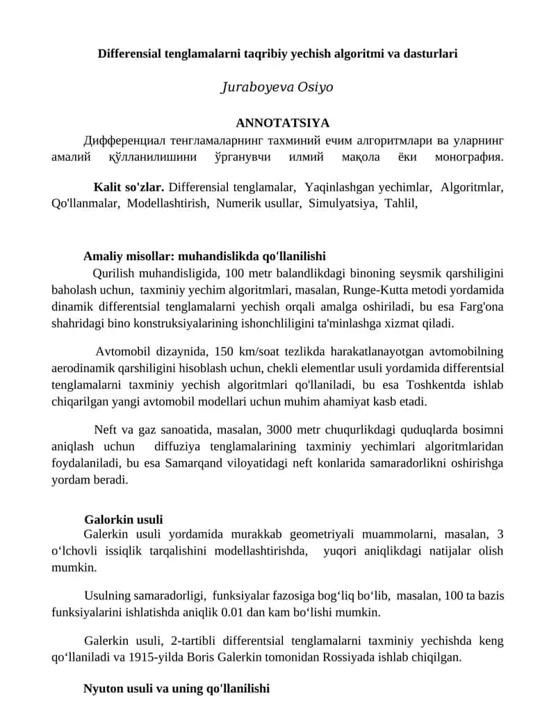 Differensial tenglamalarni taqribiy yechish algoritmi va dasturlari 1