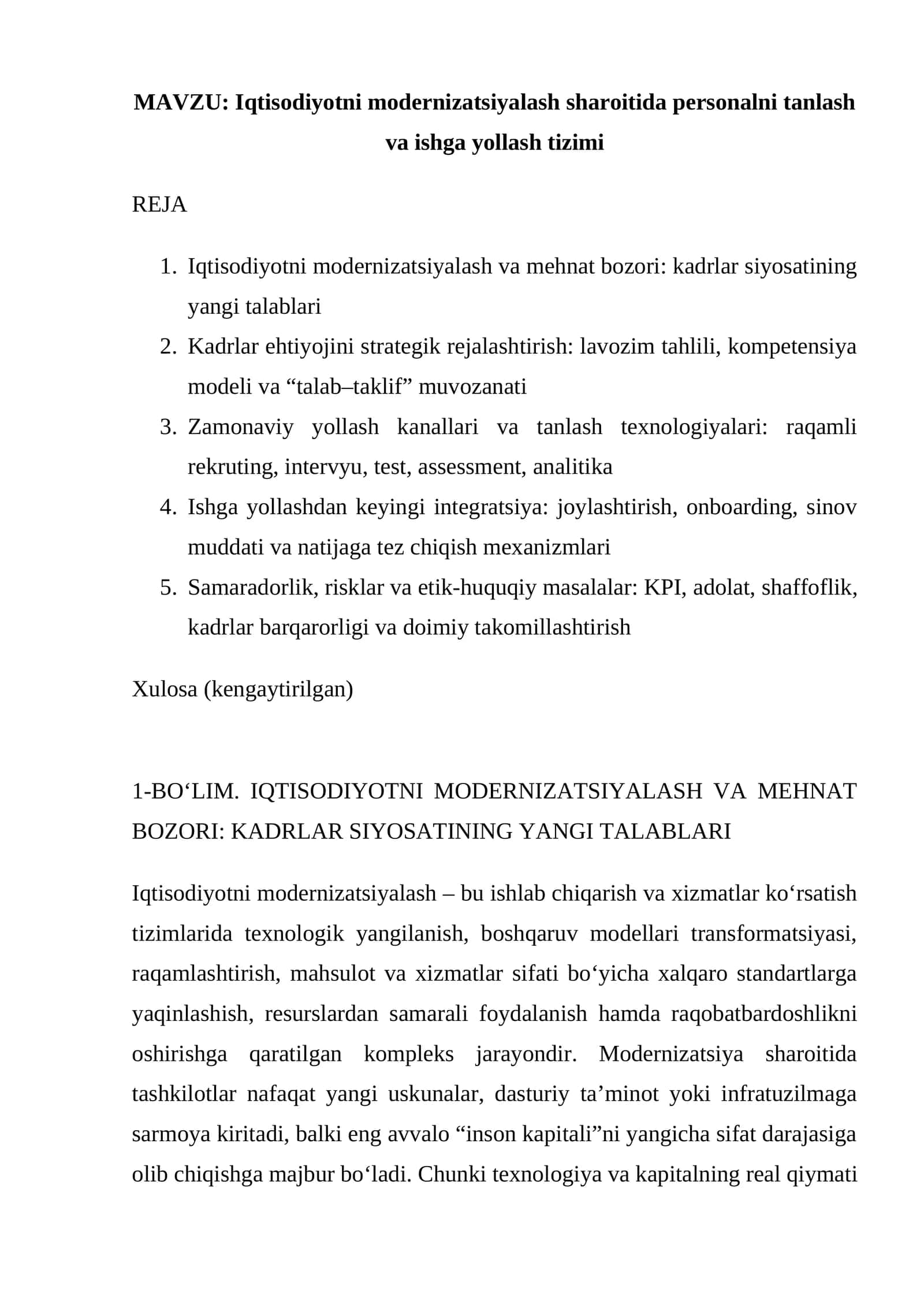 Iqtisodiyotni modernizatsiyalash sharoitida personalni tanlash va ishga yollash tizimi 1