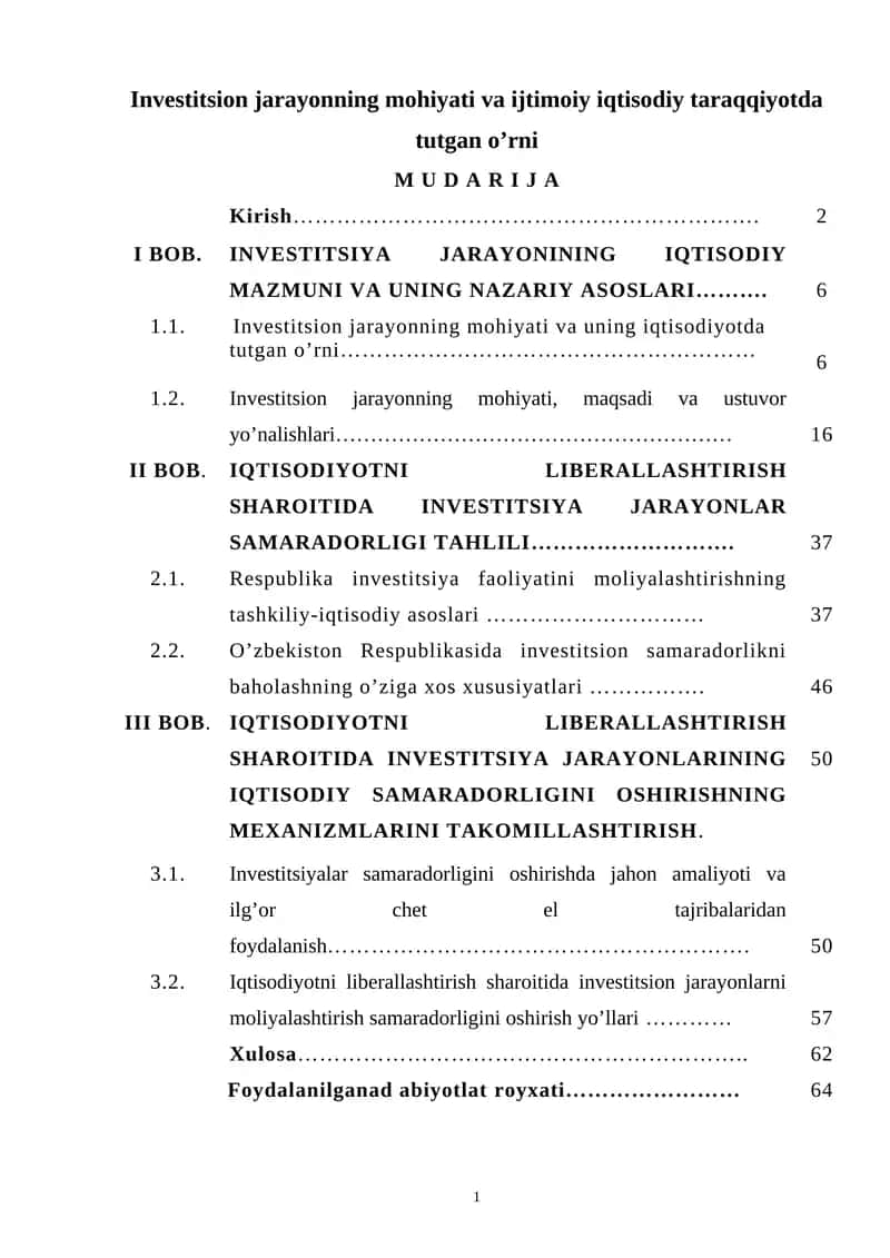Investitsiya jarayonning mohiyati va ijtimoiy iqtisodiy taraqqiyotda tutgan o’rni 1