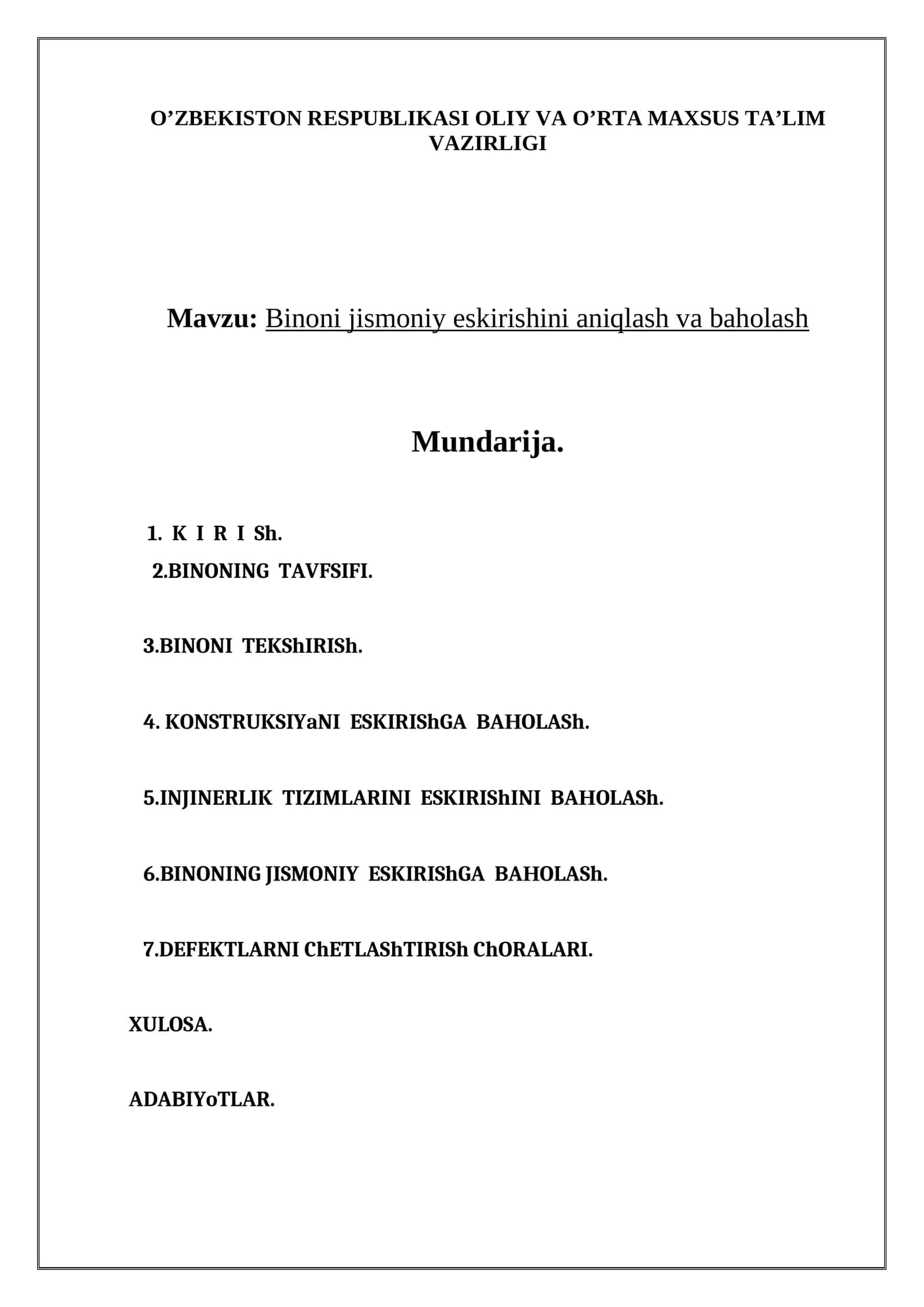 Binoni jismoniy eskirishini aniqlash va baholash 1