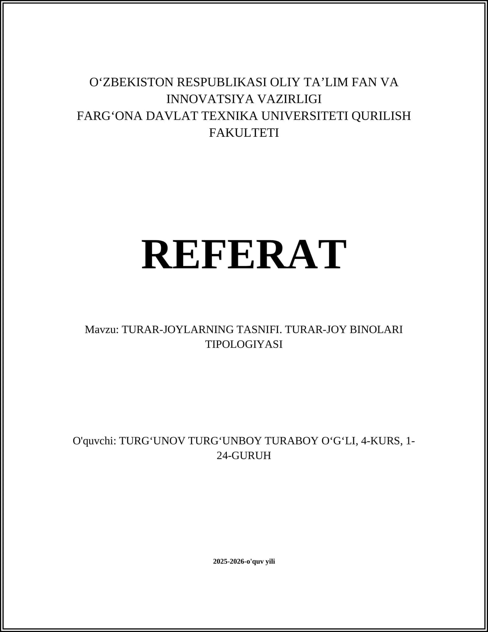 TURAR-JOYLARNING TASNIFI. TURAR-JOY BINOLARI TIPOLOGIYASI 1