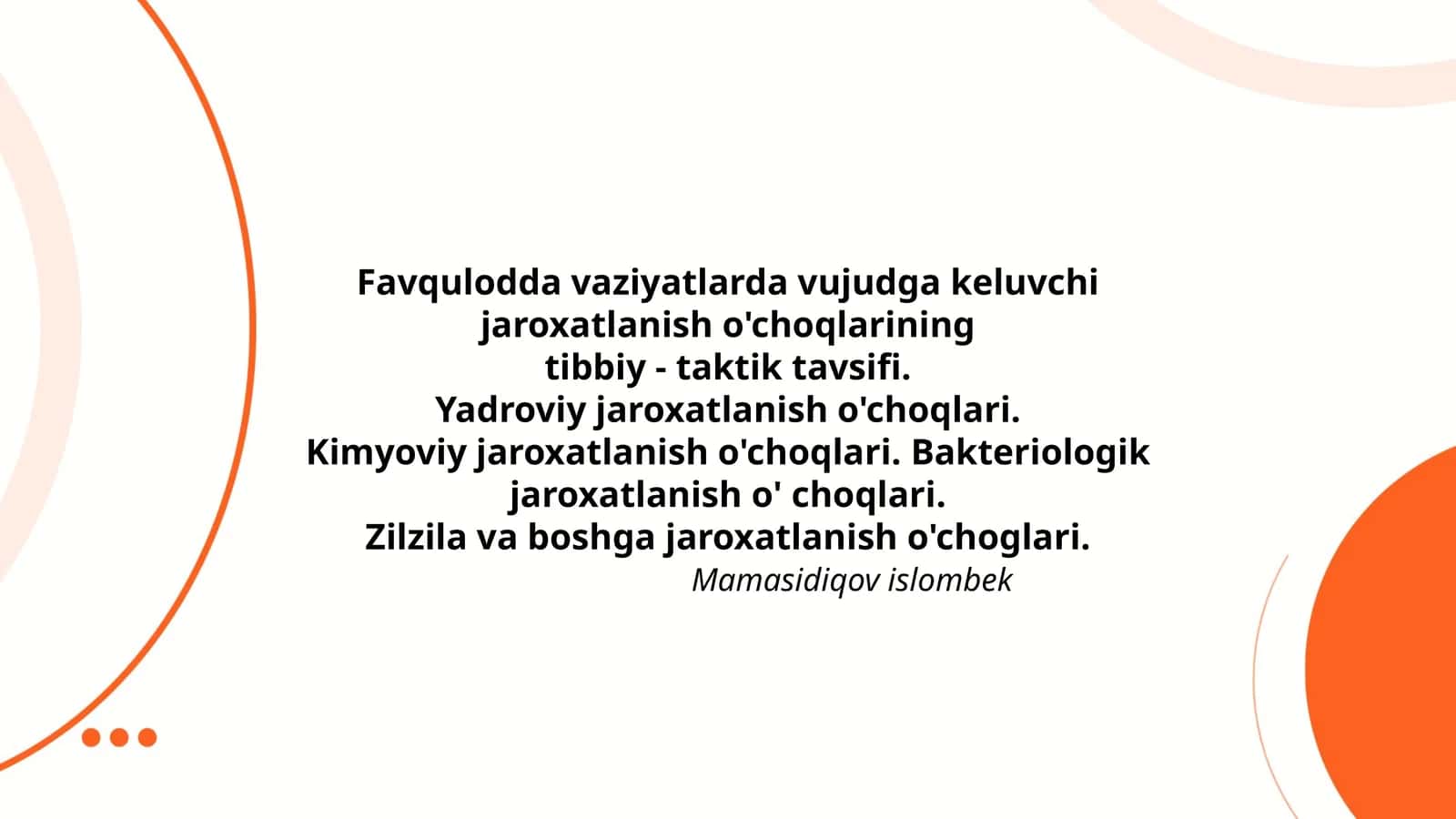 Favqulodda vaziyatlarda vujudga keluvchi jaroxatlanish o'choqlarining tibbiy - taktik tavsifi 1