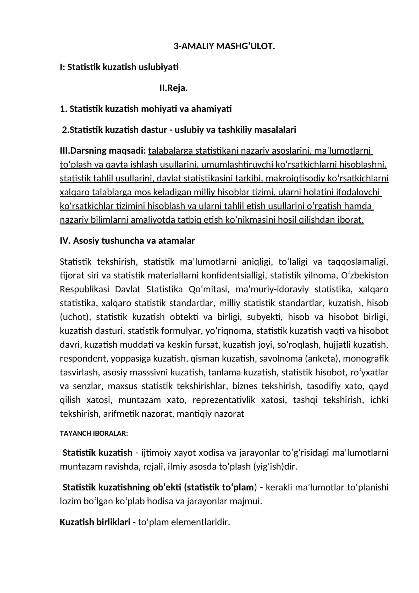 3-AMALIY MASHG’ULOT. I: Statistik kuzatish uslubiyati 1