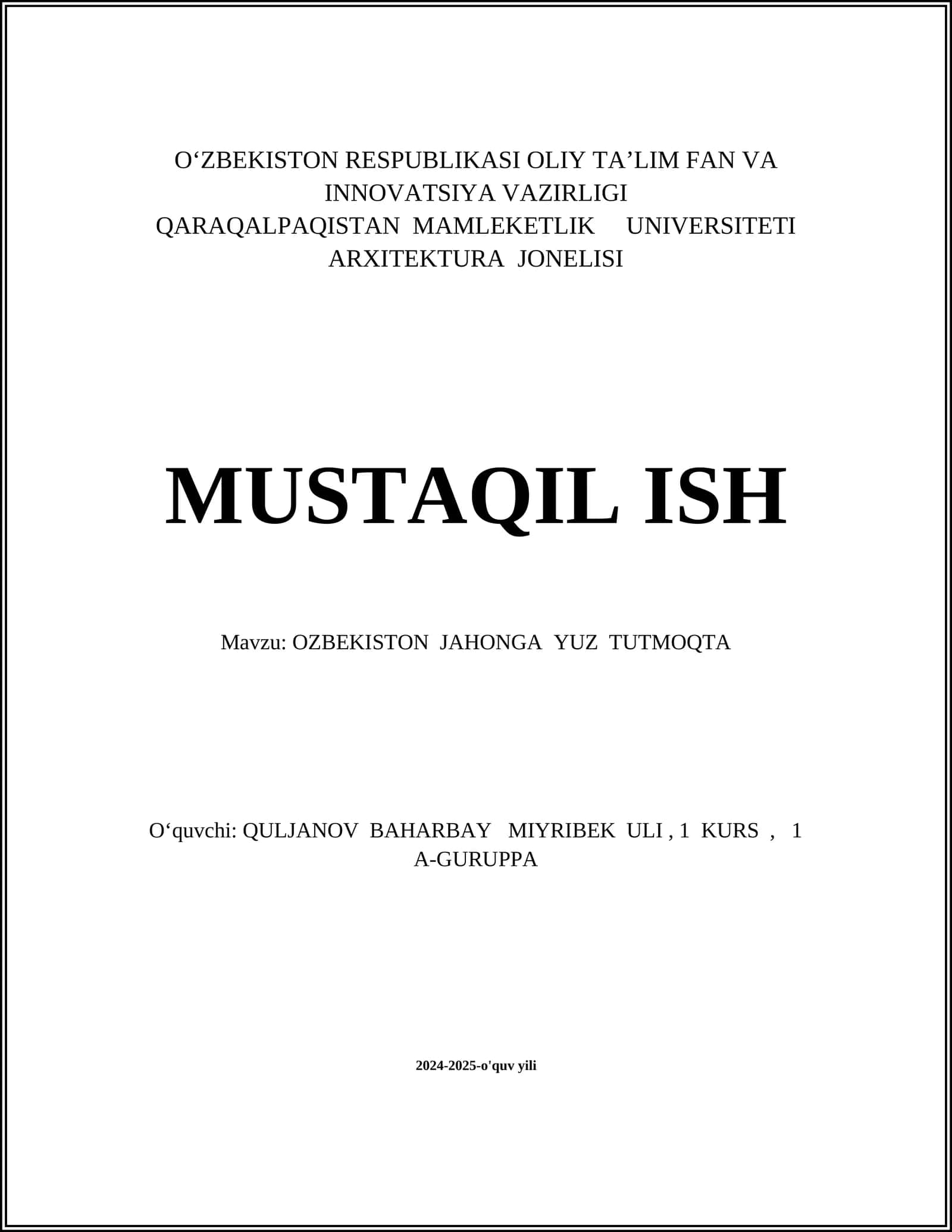 OZBEKISTON JAHONGA YUZ TUTMOQTA 1
