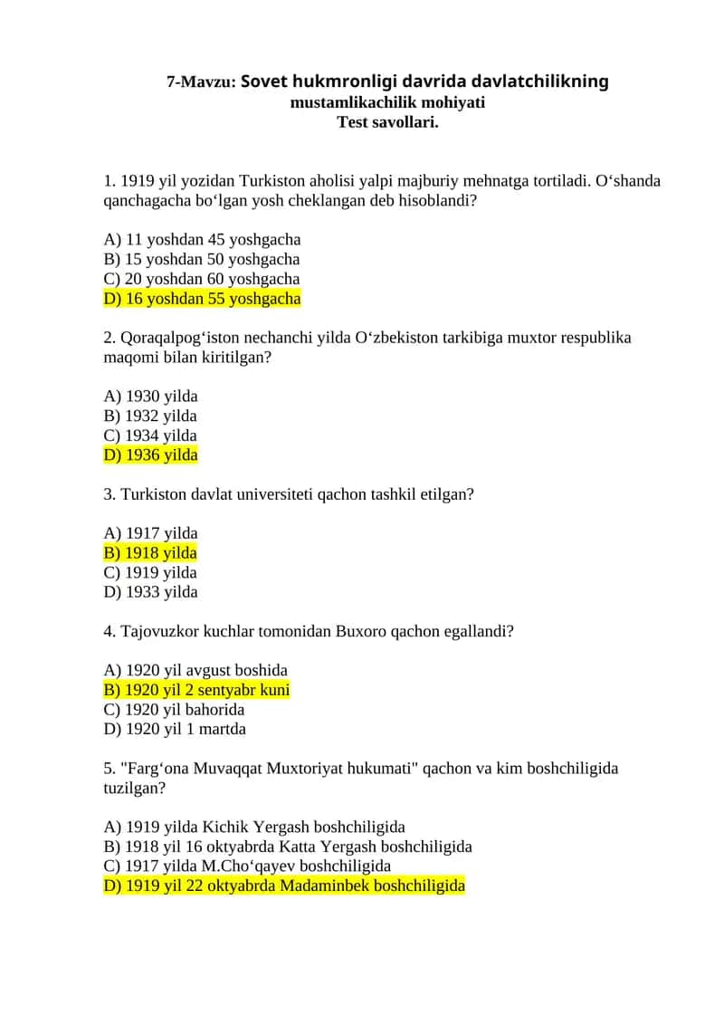 Sovet hukmronligi davrida davlatchilikning mustamlikachilik mohiyati Test savollari 1