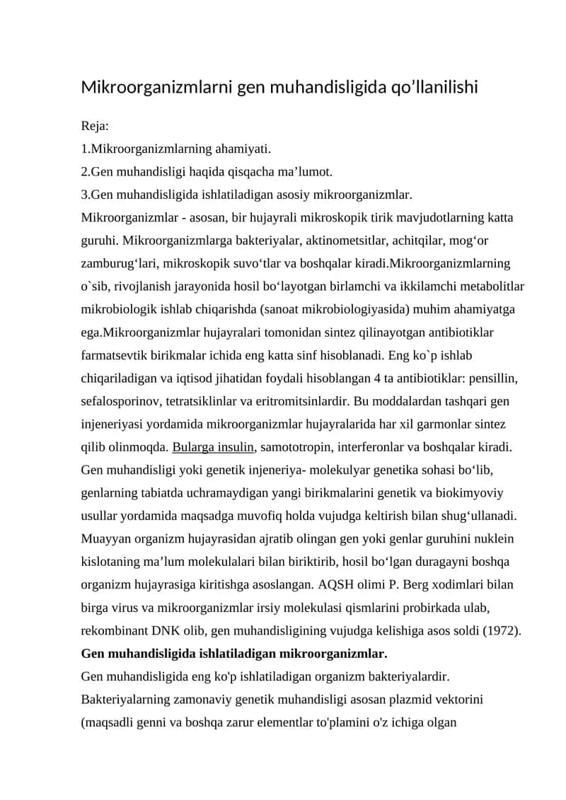 Mikroorganizmlarni gen muhandisligida qo’llanilishi 1