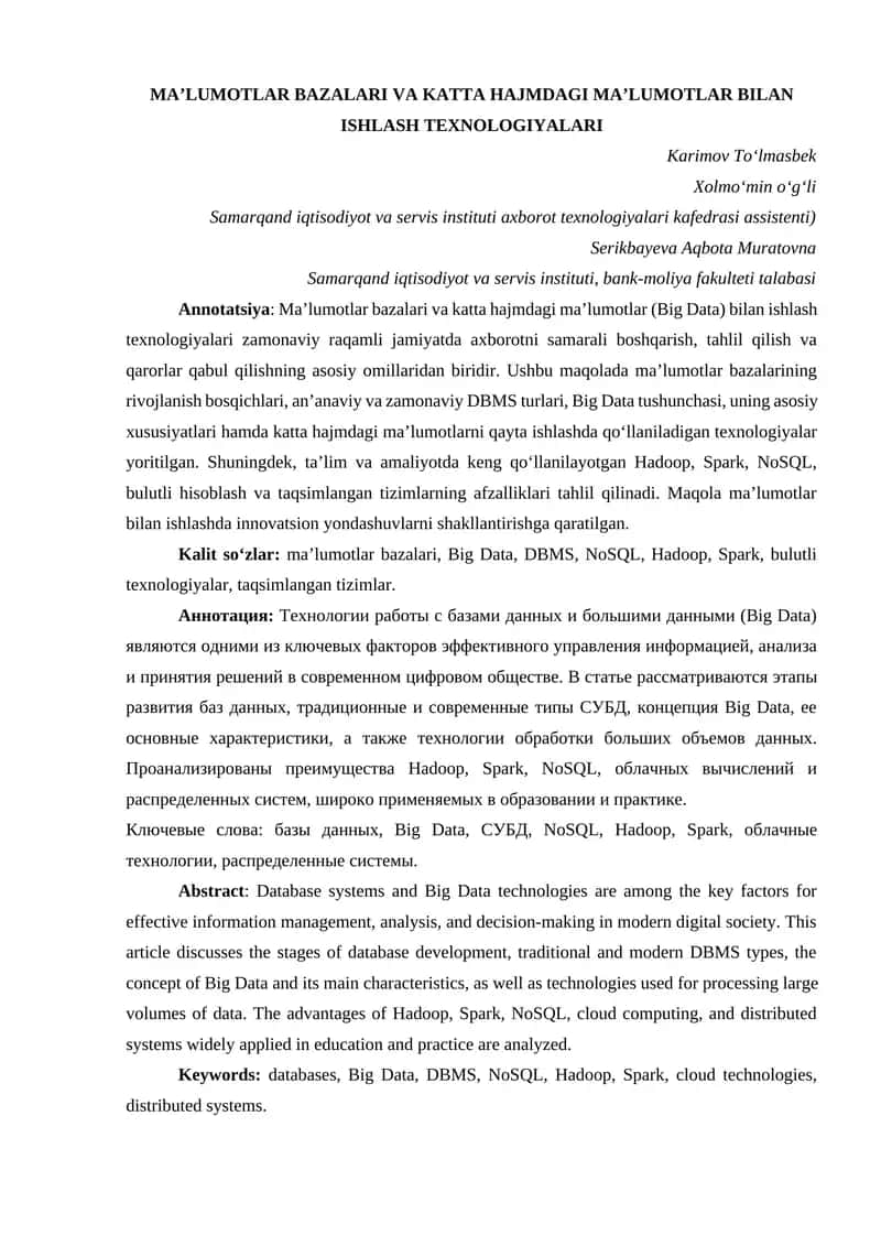 MAʼLUMOTLAR BAZALARI VA KATTA HAJMDAGI MAʼLUMOTLAR BILAN ISHLASH TEXNOLOGIYALARI 1