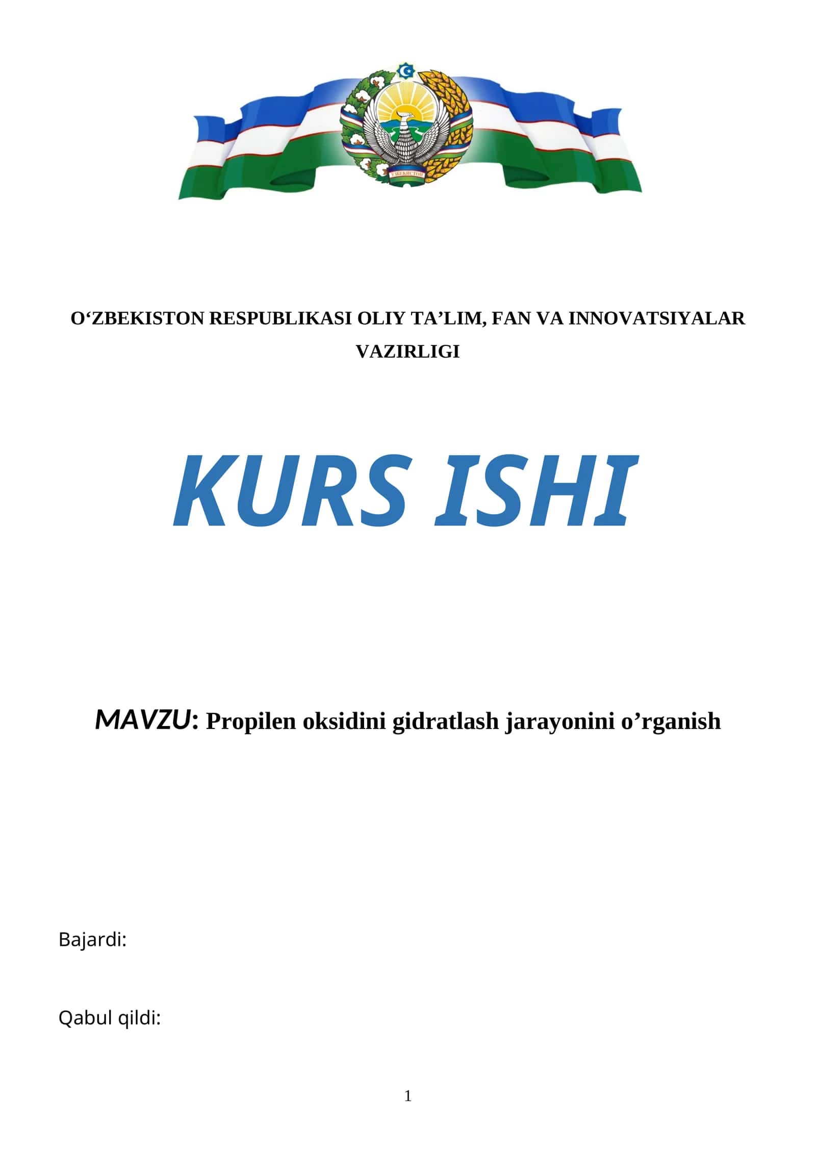 Propilen oksidini gidratlash jarayonini o’rganish 1
