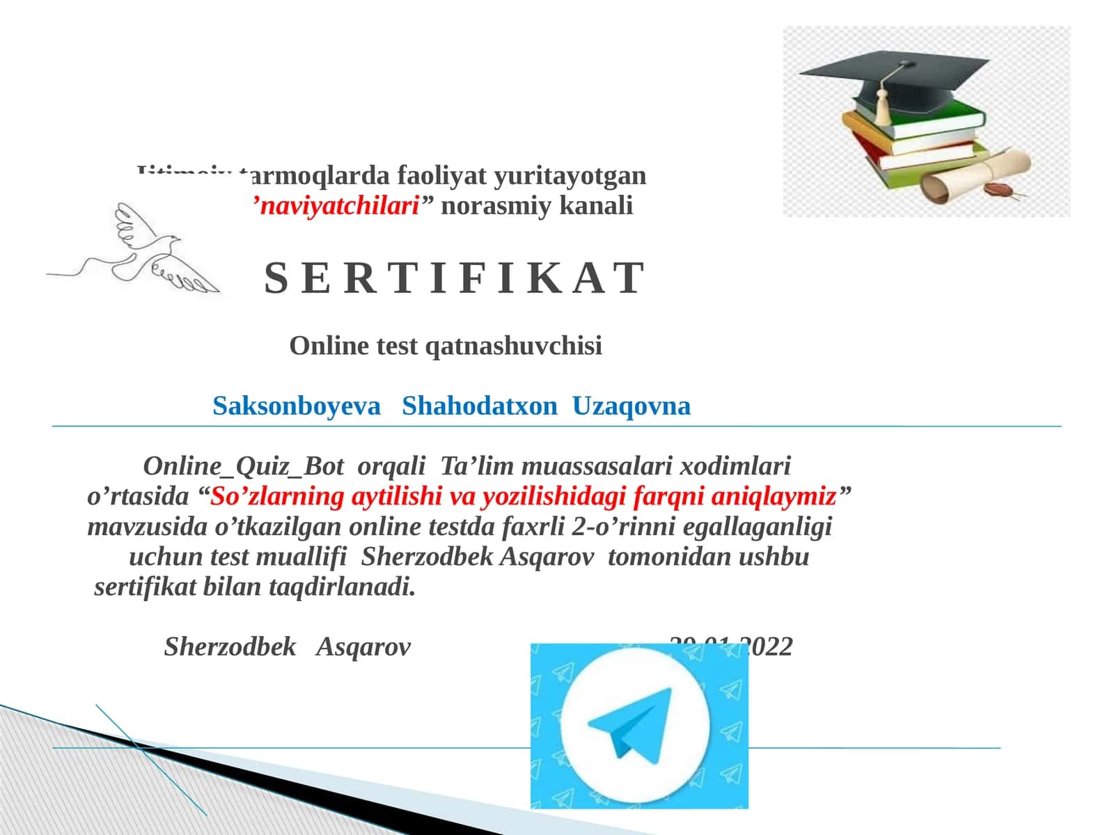 "So’zlarning aytilishi va yozilishidagi farqni aniqlaymiz" mavzusida o'tkazilgan onlayn test 1