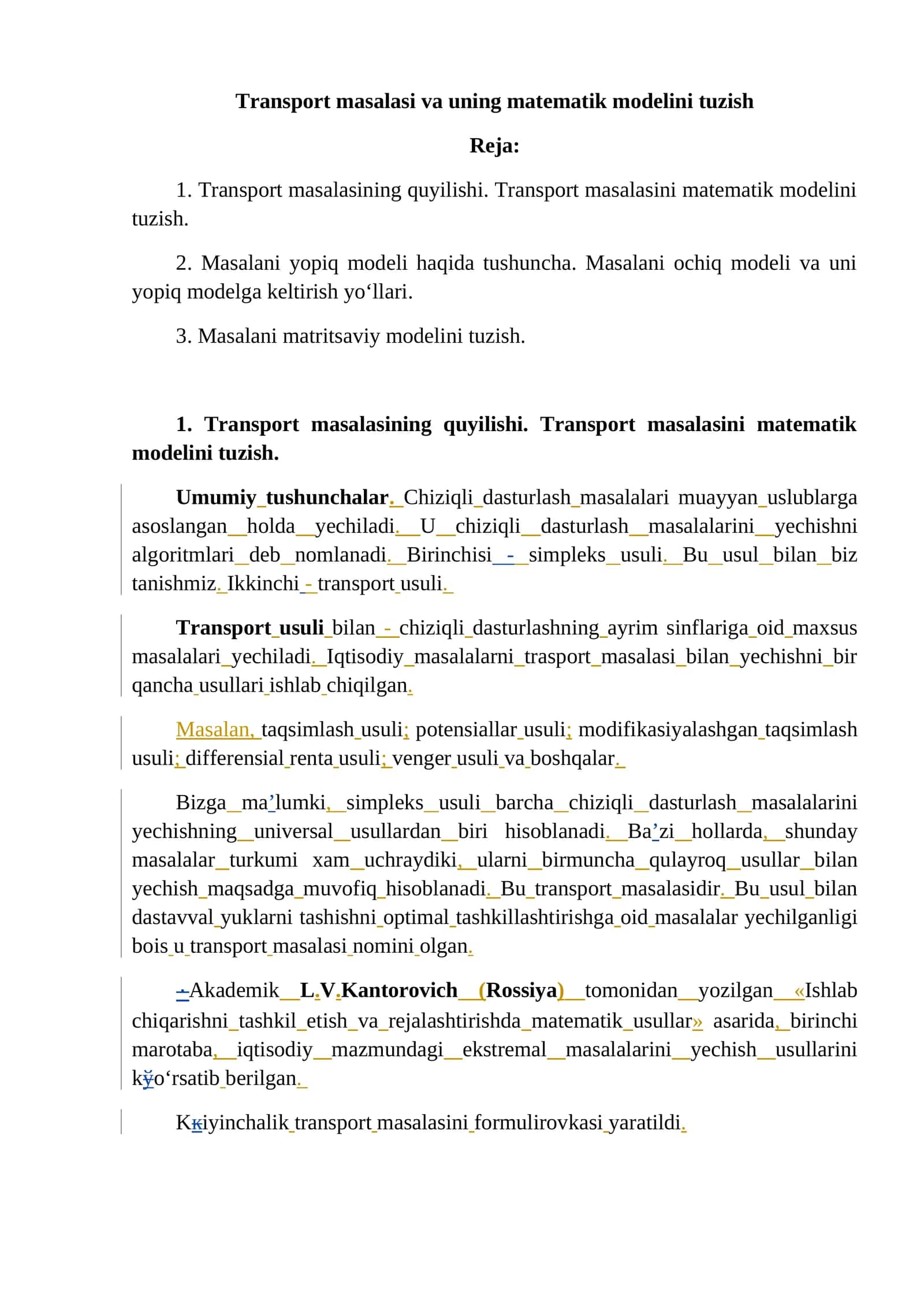 Transport masalasi va uning matematik modelini tuzish amaliy ish 1