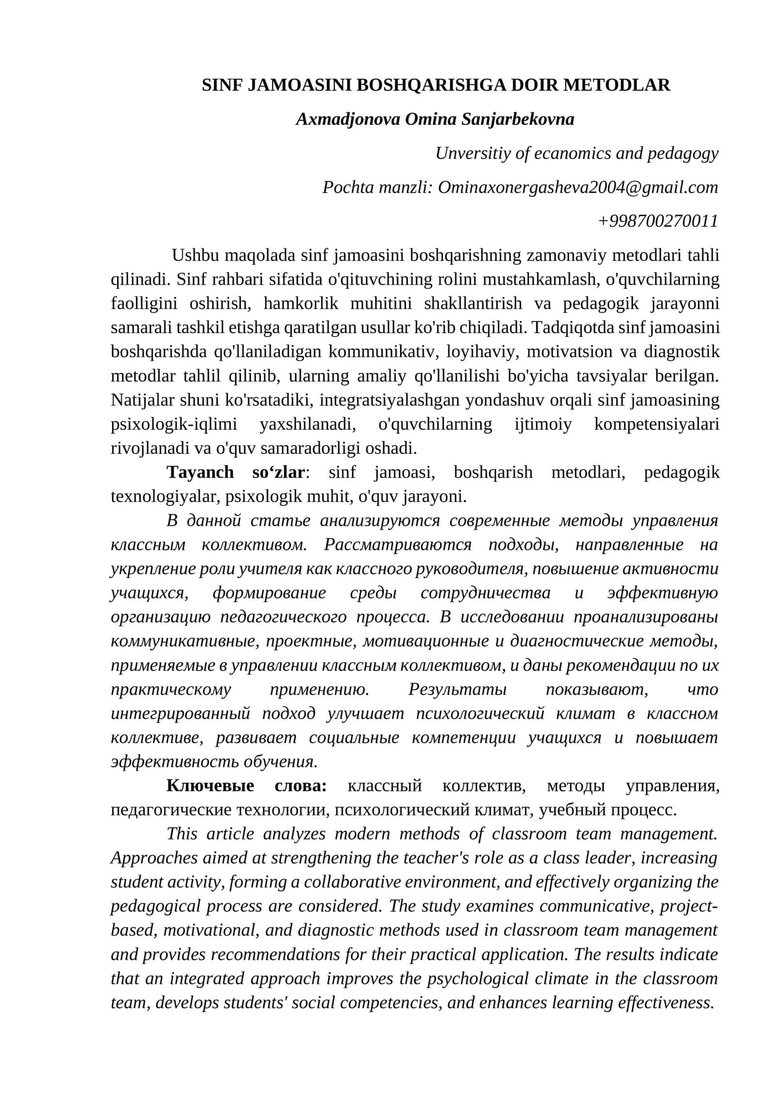 SINF JAMOASINI BOSHQARISHGA DOIR METODLAR 1