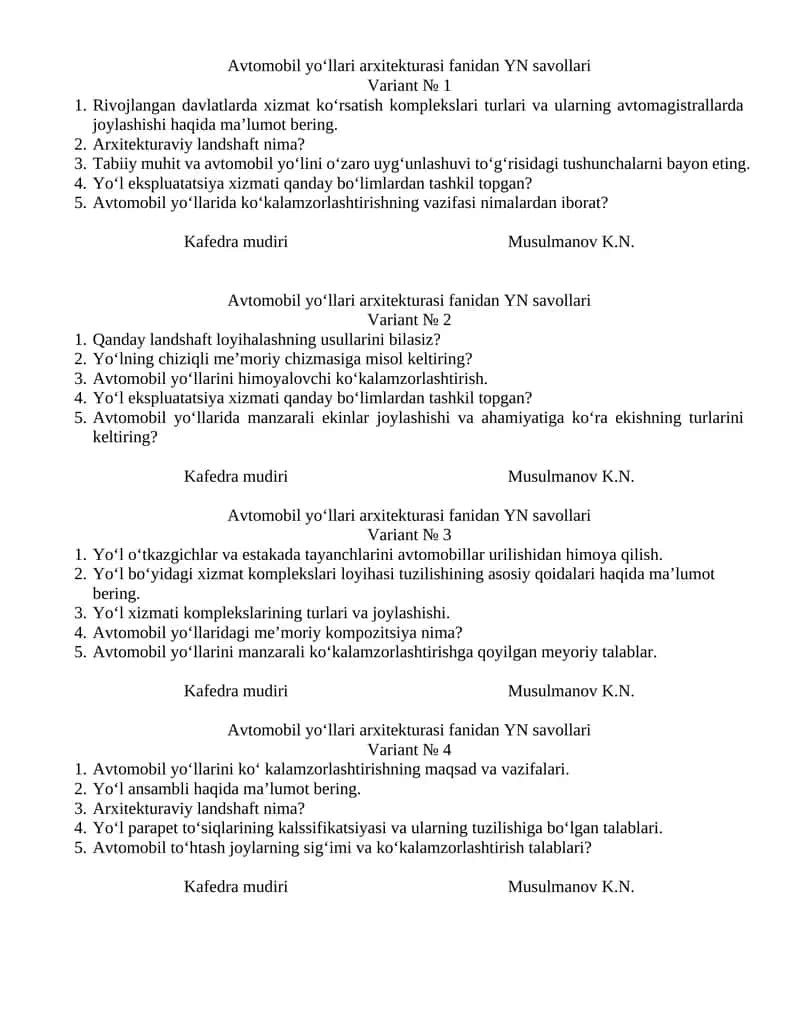 Avtomobil yo‘llari arxitekturasi fanidan YN savollari 1