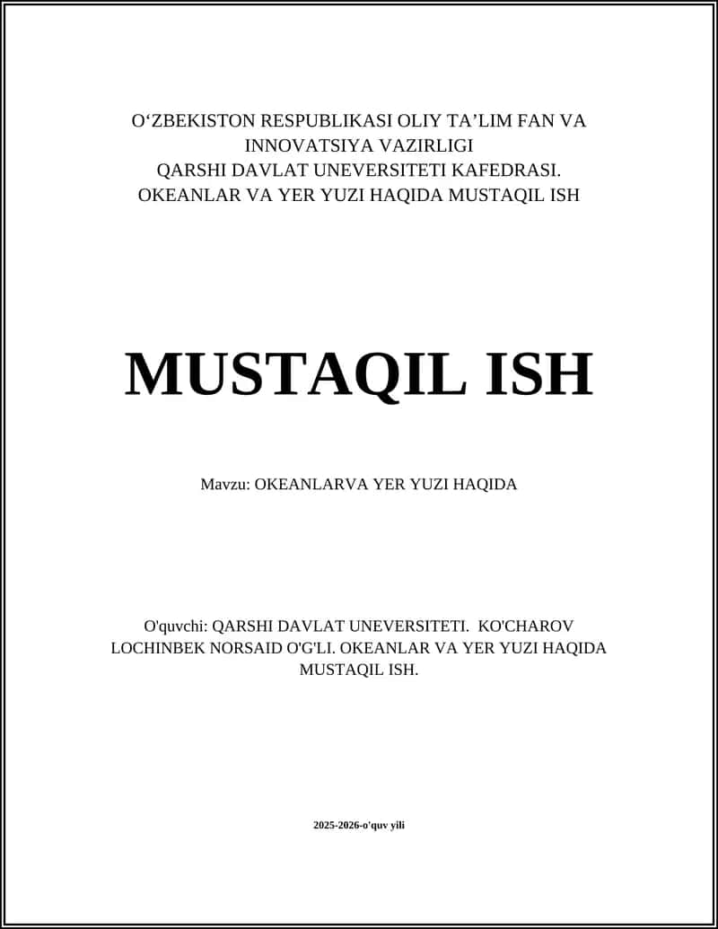 OKEANLAR VA YER YUZI HAQIDA MUSTAQIL ISH 1