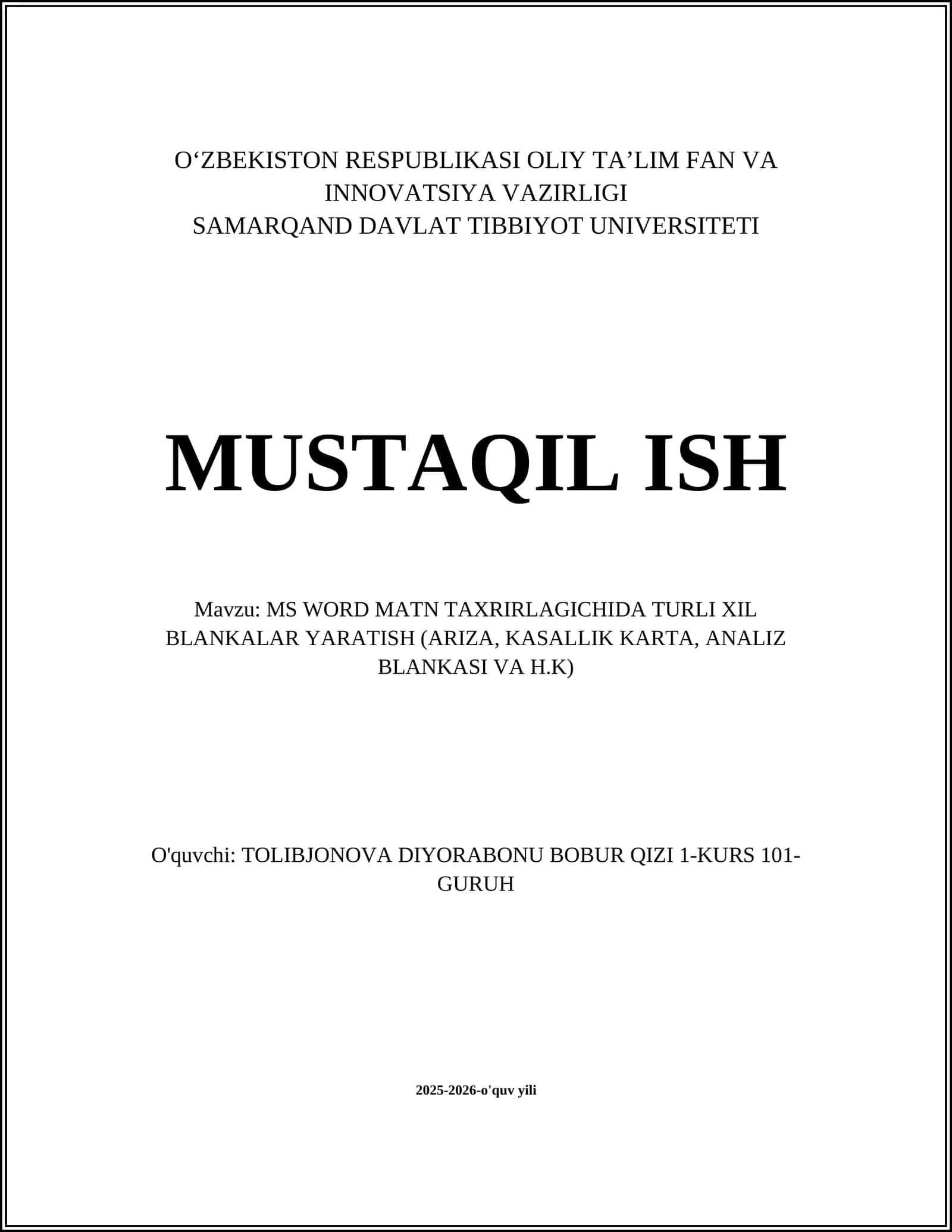 MS WORD MATN TAXRIRLAGICHIDA TURLI XIL BLANKALAR YARATISH (ARIZA, KASALLIK KARTA, ANALIZ BLANKASI VA H.K) 1