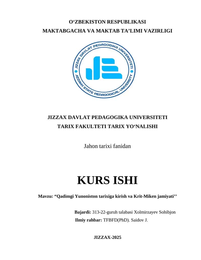 Qadimgi Yunoniston tarixiga kirish va Krit-Miken jamiyati 1