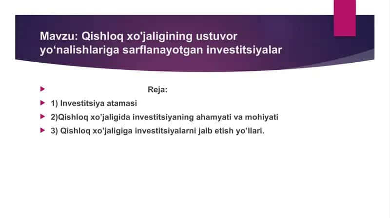 Qishloq xo'jaligining ustuvor yo‘nalishlariga sarflanayotgan investitsiyalar 1