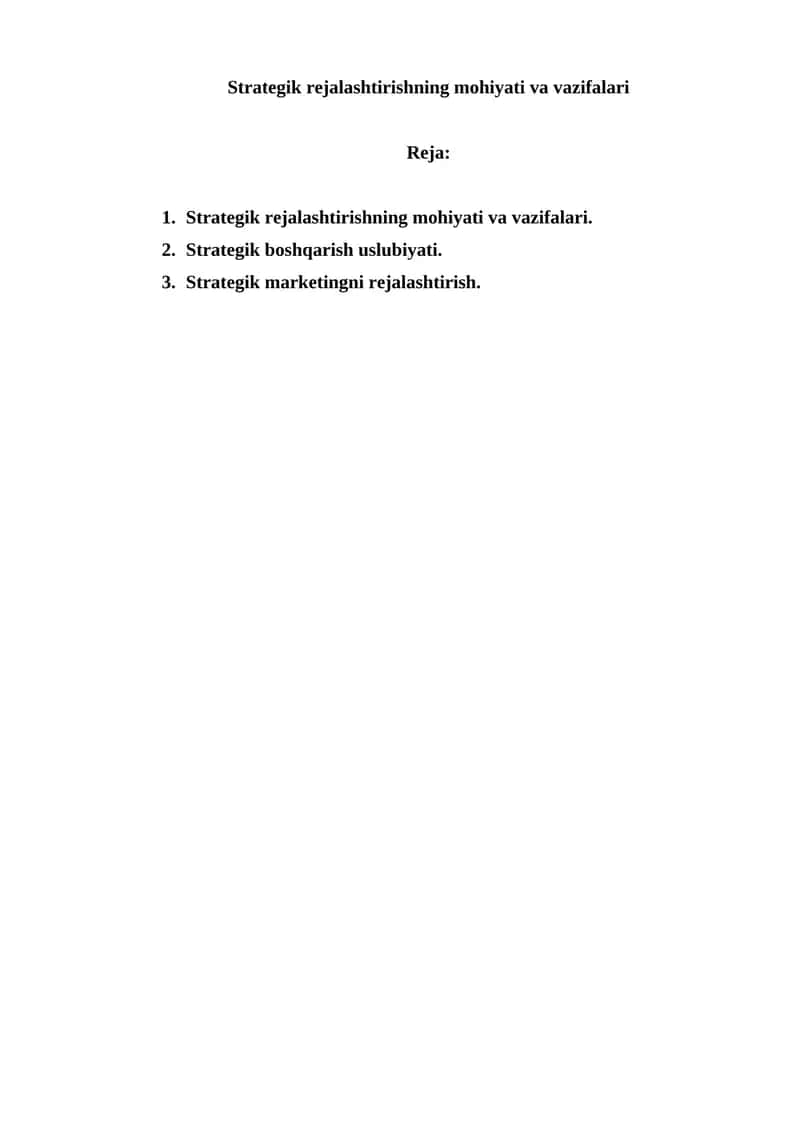 Strategik rejalashtirishning mohiyati va vazifalari 1