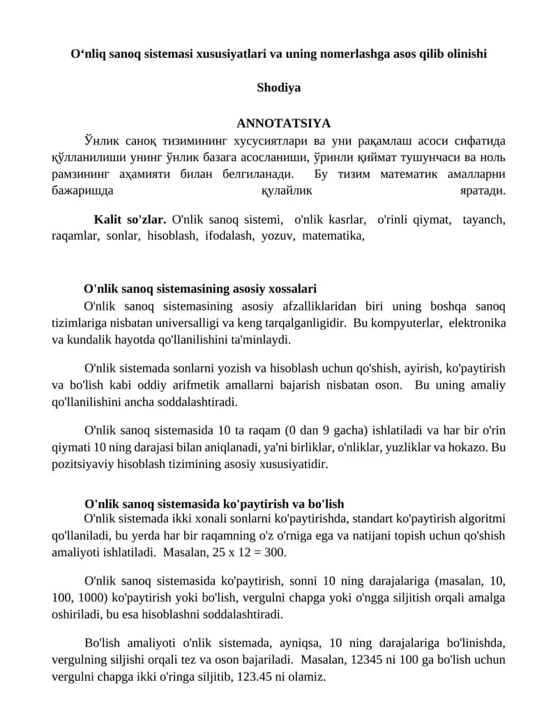 O'nlik sanoq sistemasi xususiyatlari va uning nomerlashga asos qilib olinishi 1