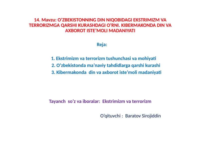 O‘ZBEKISTONNING DIN NIQOBIDAGI EKSTRIMIZM VA TERRORIZMGA QARSHI KURASHDAGI O‘RNI. KIBERMAKONDA DIN VA AXBOROT ISTE’MOLI MADANIYATI 1