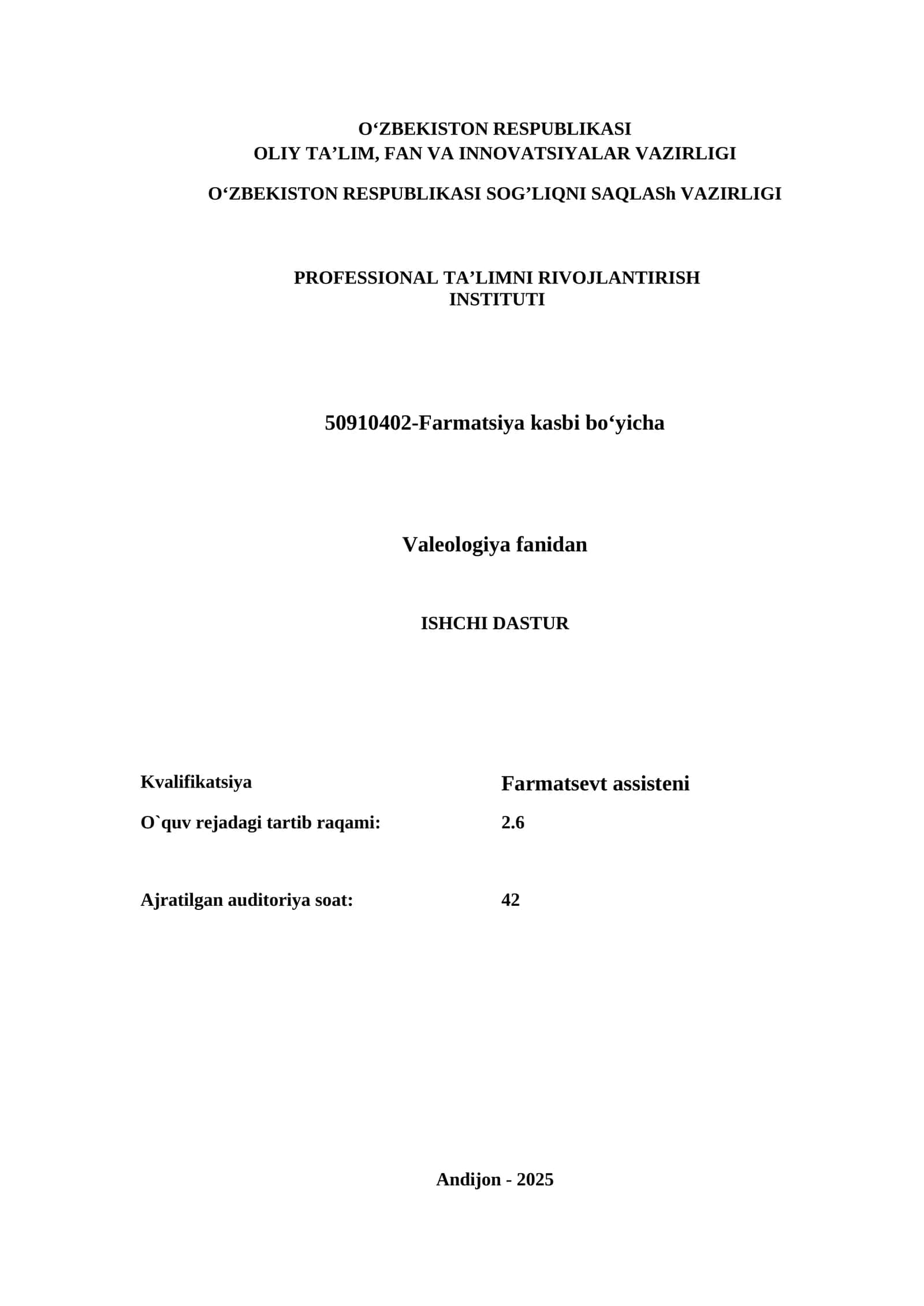 Farmatsiya kasbi boʻyicha Valeologiya fanidan ISHCHI DASTUR 1