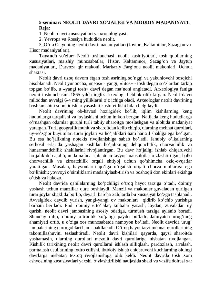 NEOLIT DAVRI XO’JALIGI VA MODDIY MADANIYATI 1