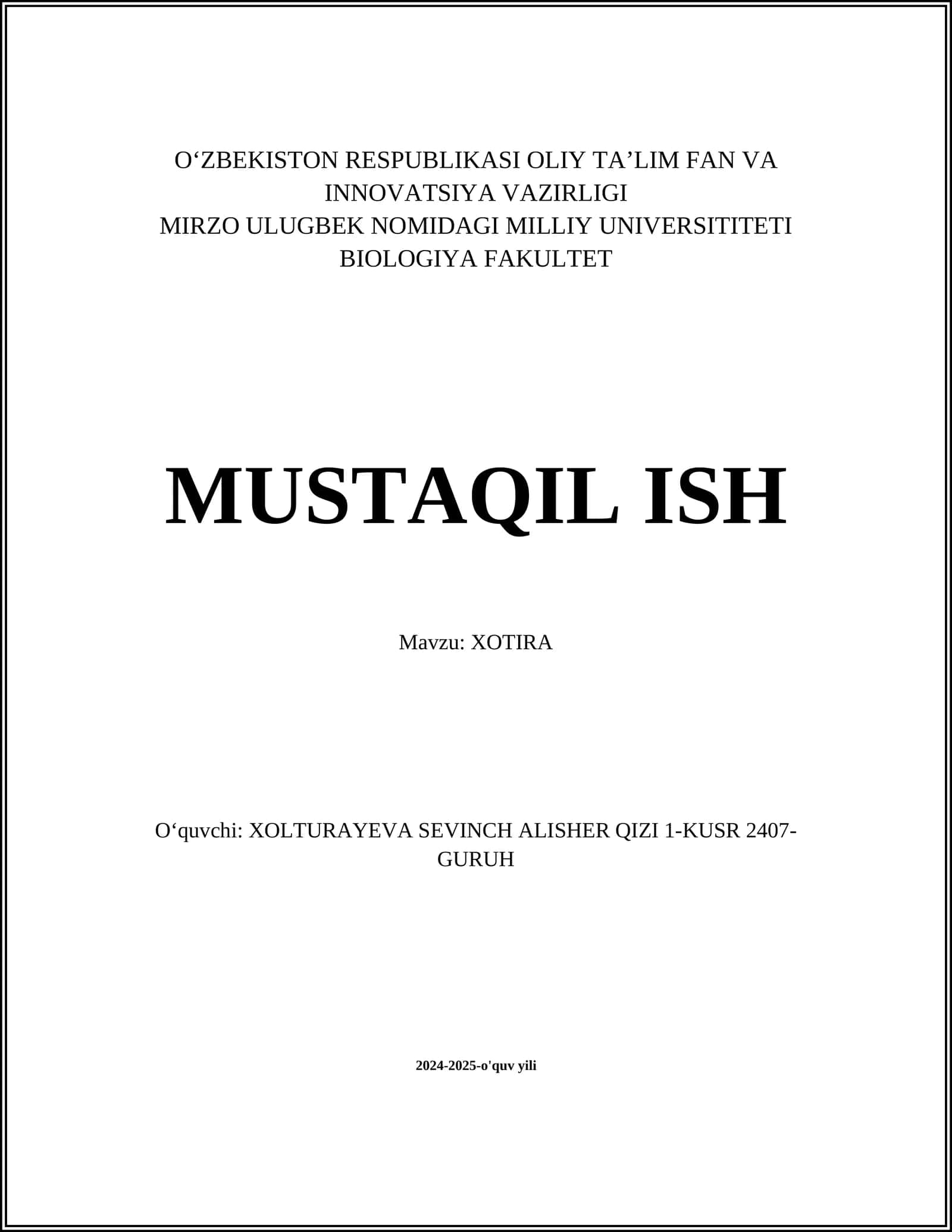 Xotira Mustaqil Ish 1