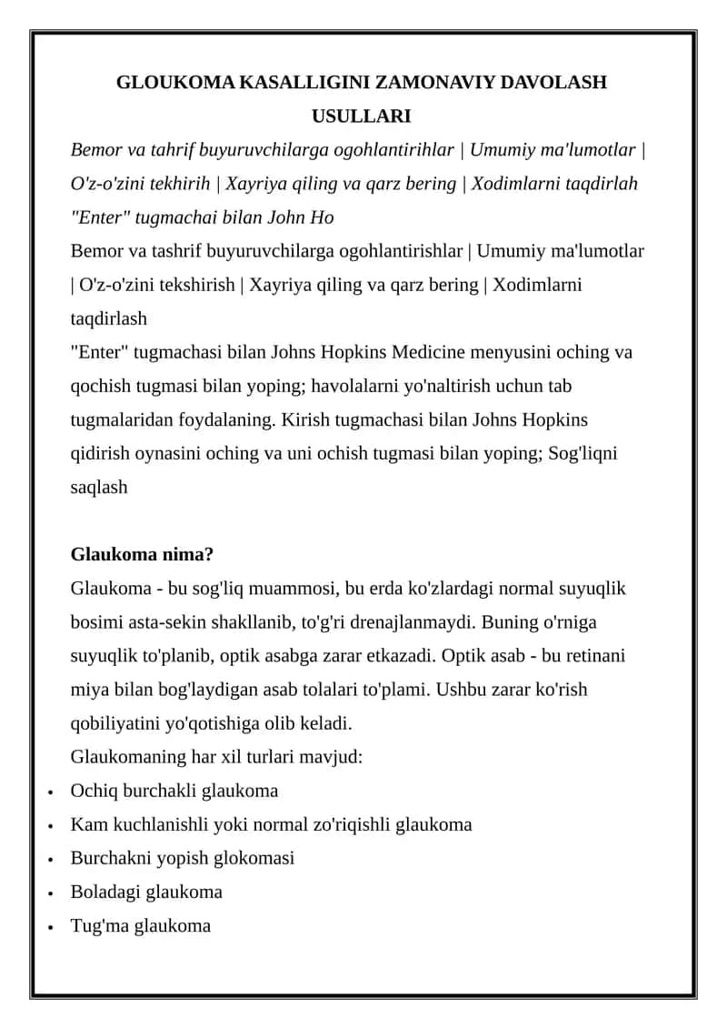 Glaukoma Kasalligini Zamonaviy Davolash Usullari 1