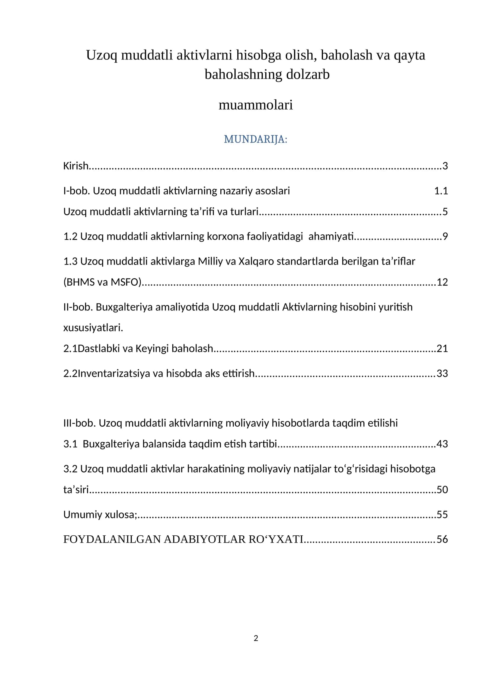 Uzoq muddatli aktivlarni hisobga olish, baholash va qayta baholashning dolzarb muammolari 1