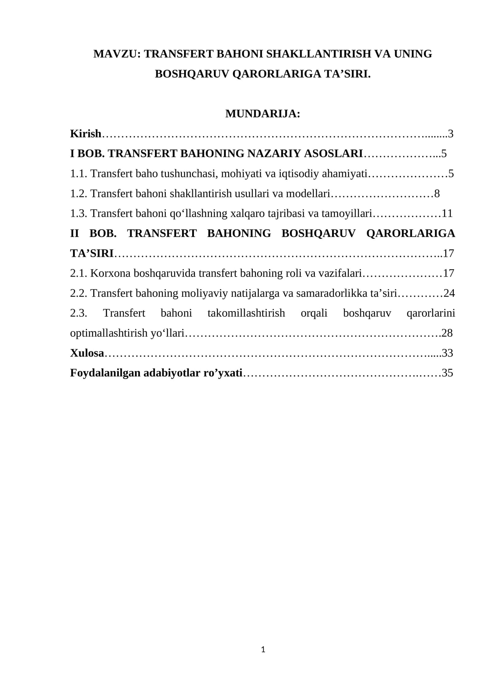 TRANSFERT BAHONI SHAKLLANTIRISH VA UNING BOSHQARUV QARORLARIGA TA’SIRI 1