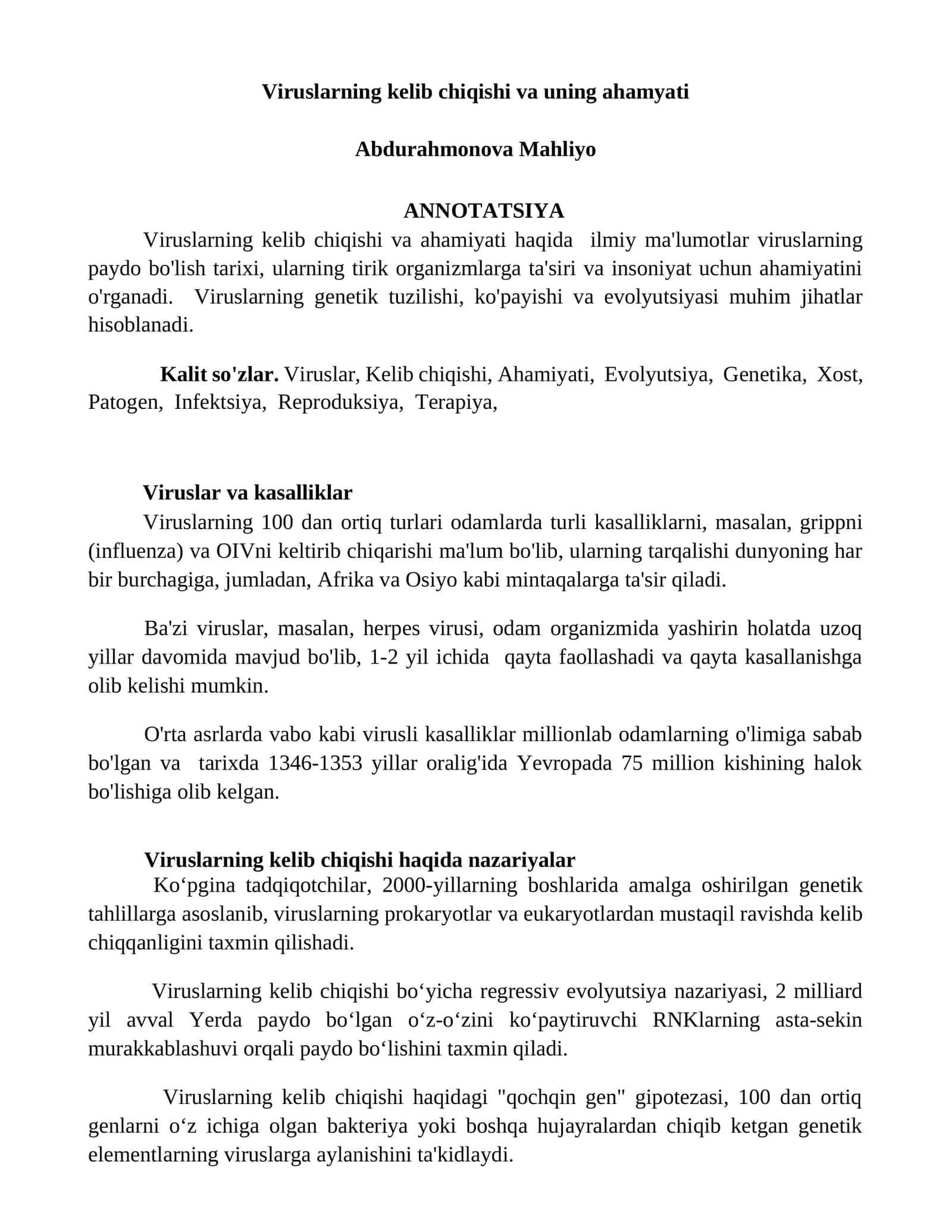 Viruslarning kelib chiqishi va uning ahamyati 1