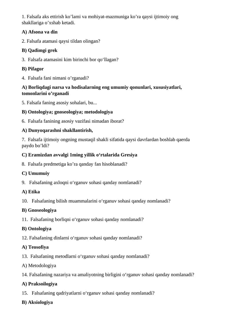 Falsafa fanining asosiy vazifasi 1