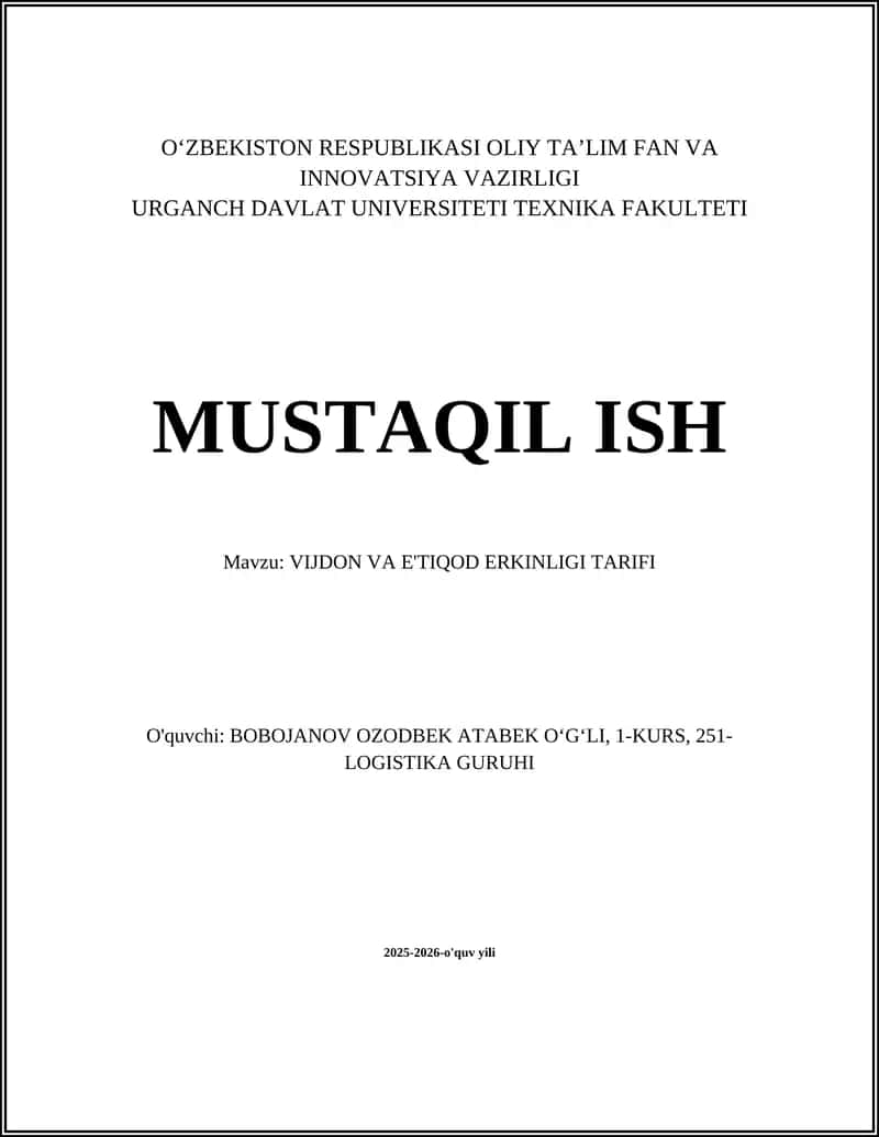 VIJDON VA E'TIQOD ERKINLIGI TARIFI 1