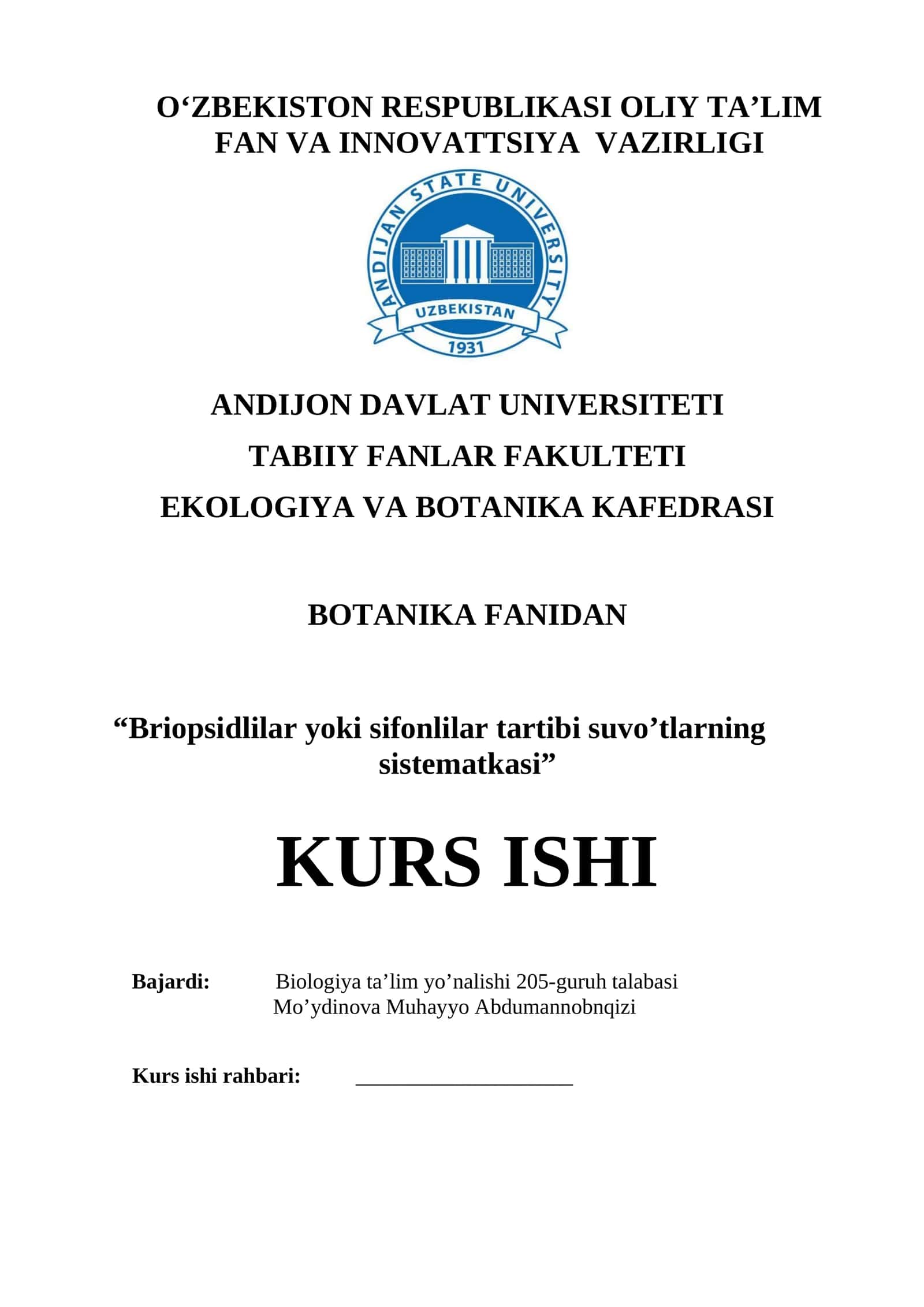 Briopsidlilar yoki sifonlilar tartibi suvo’tlarning sistematkasi 1