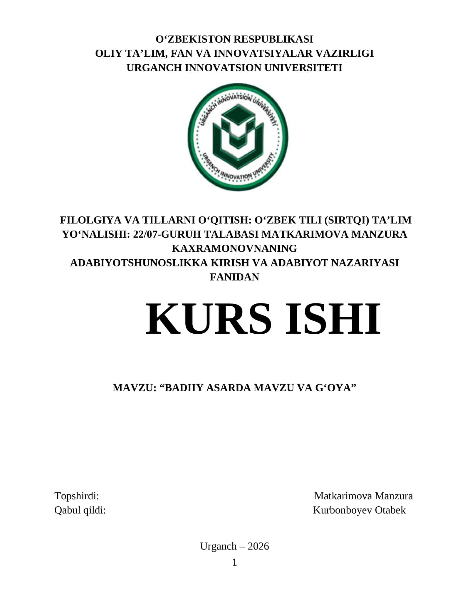 BADIIY ASARDA MAVZU VA G‘OYA 1