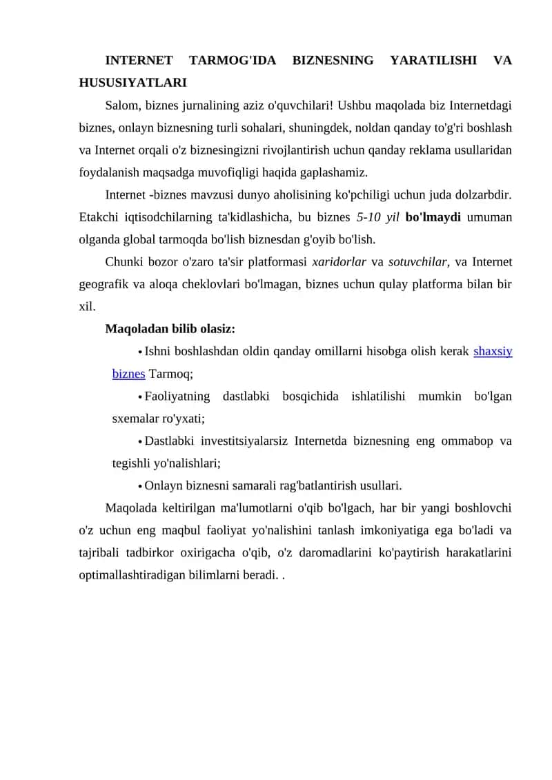 INTERNET TARMOG'IDA BIZNESNING YARATILISHI VA HUSUSIYATLARI 1