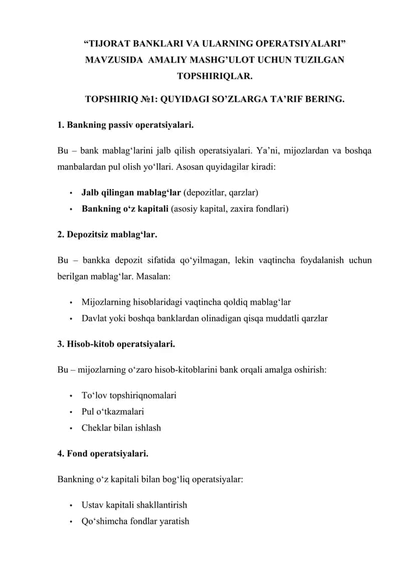 TIJORAT BANKLARI VA ULARNING OPERATSIYALARI 1