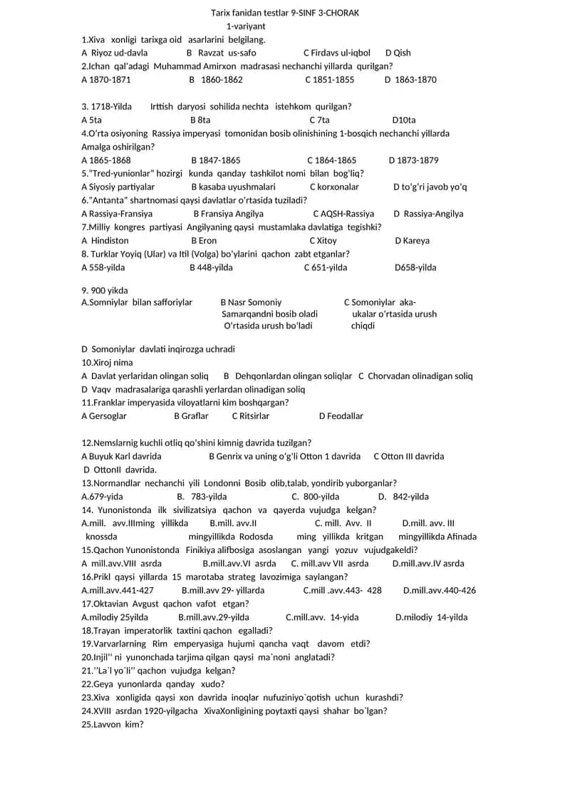 Tarix fanidan testlar 9-SINF 3-CHORAK 1