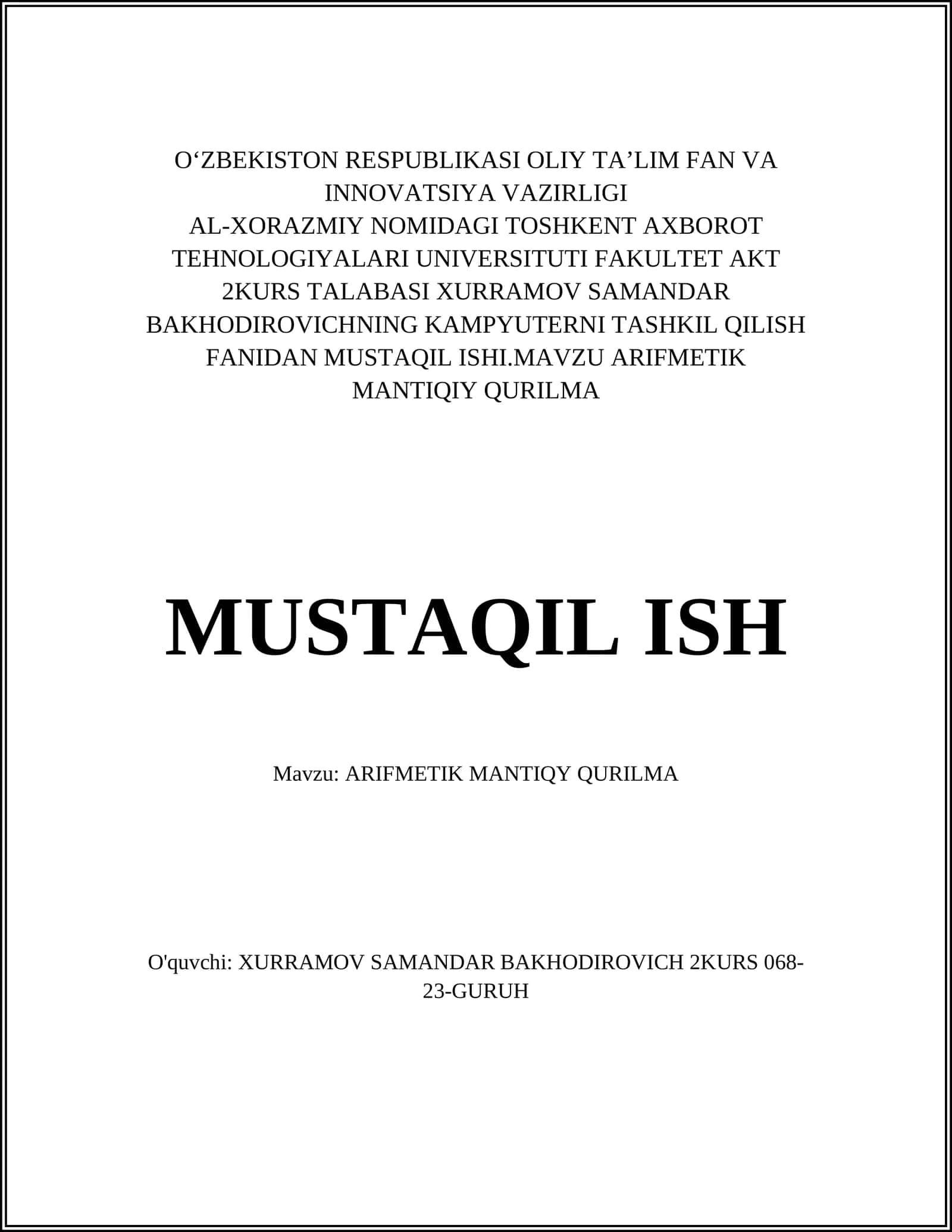ARIFMETIK MANTIQIY QURILMA 1