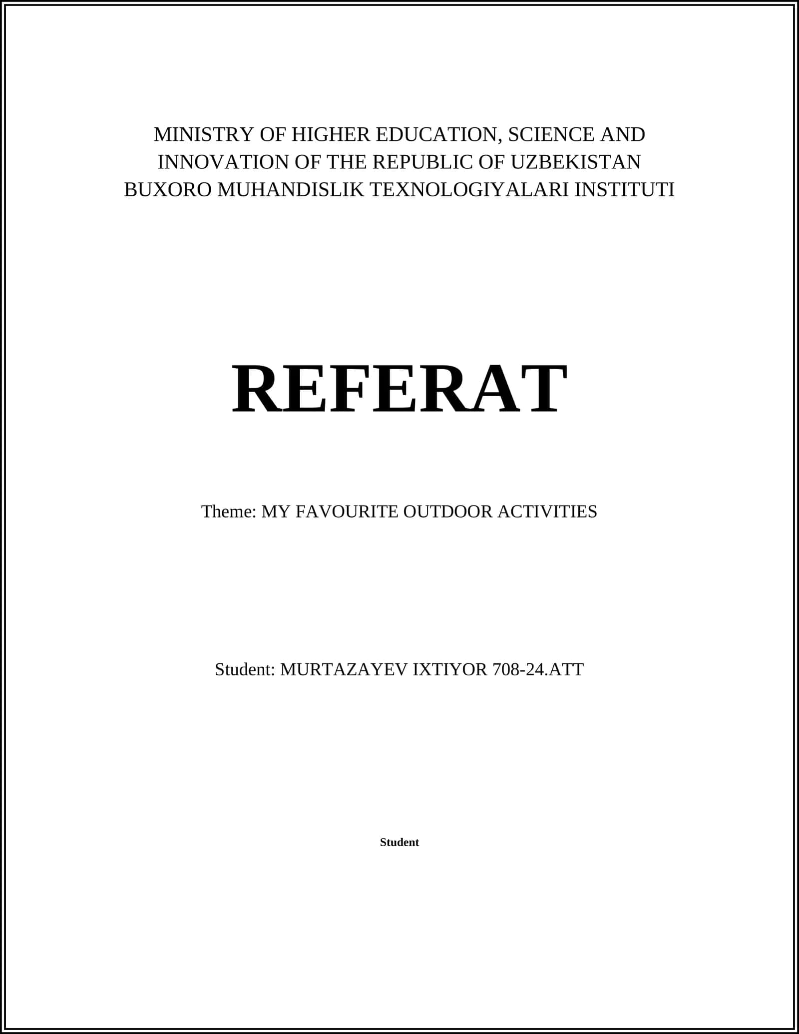 REFERAT - MY FAVOURITE OUTDOOR ACTIVITIES 1