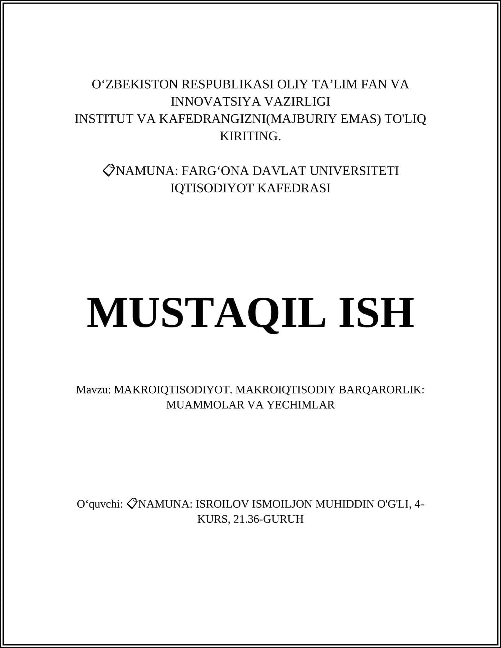 MAKROIQTISODIYOT. MAKROIQTISODIY BARQARORLIK: MUAMMOLAR VA YECHIMLAR 1